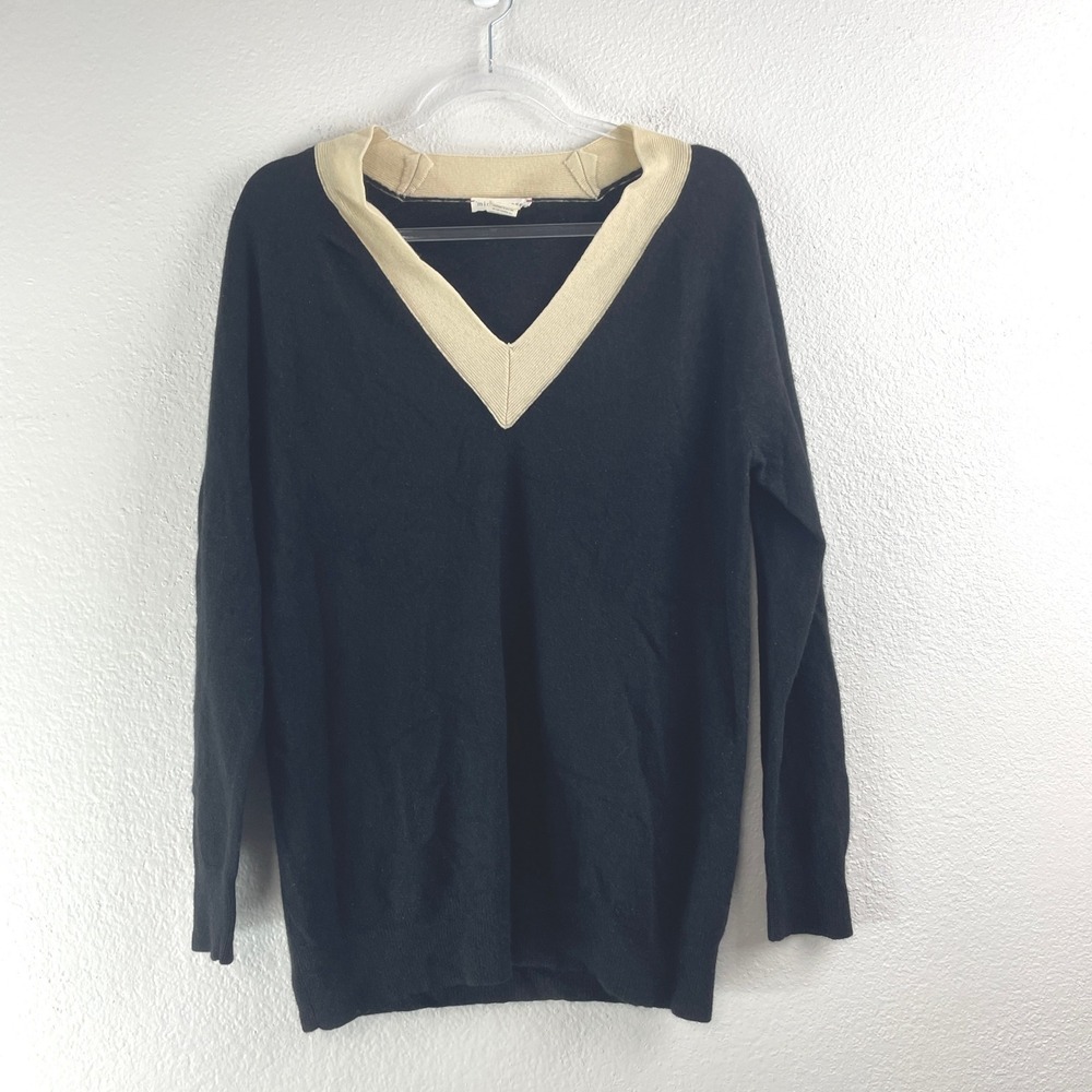 Minnie Rose Womens Black‎ 100% Cashmere V-Neck Contrast Trim Sweater Size S